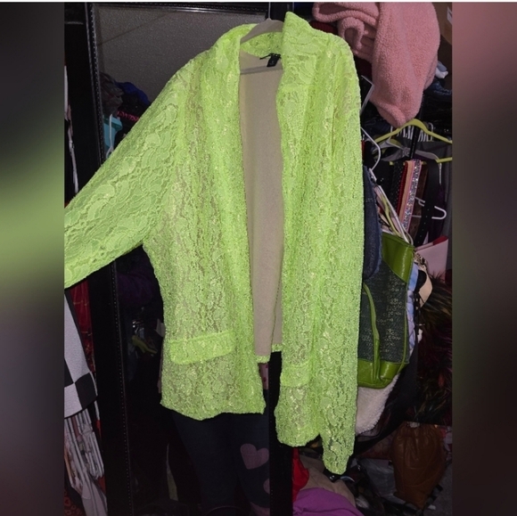 🍁🍂Nwot TORRID 2X NEON GREEN/YELLOW LACE BLAZER - Picture 2 of 6
